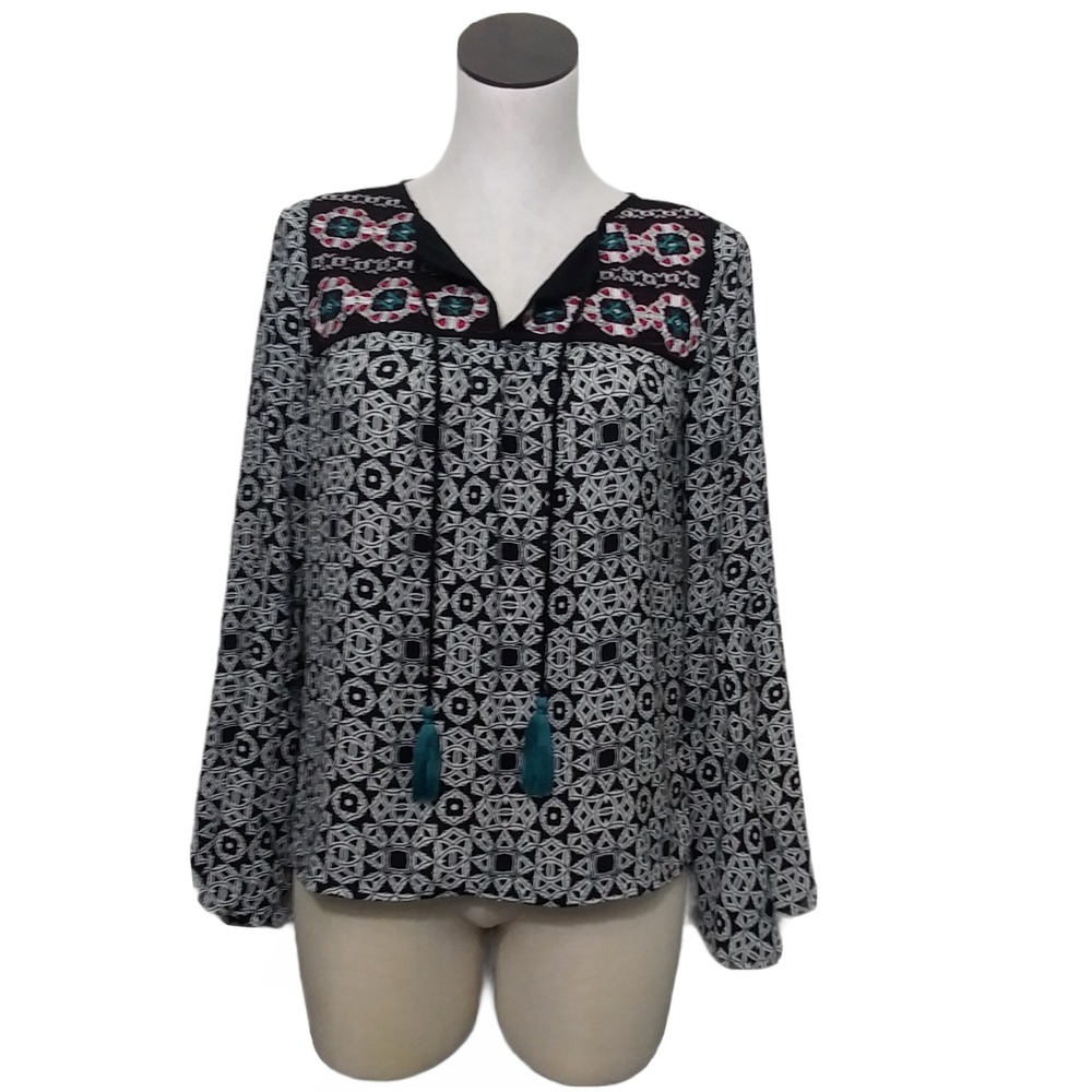 Takara Womens Black White Geometric Embroidered Bell Sleeve Peasant Blouse Small